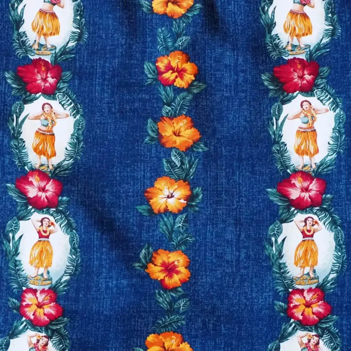 Vintage Hula Girl Blue Hawaiian Rayon Shirt Made in Hawaii
