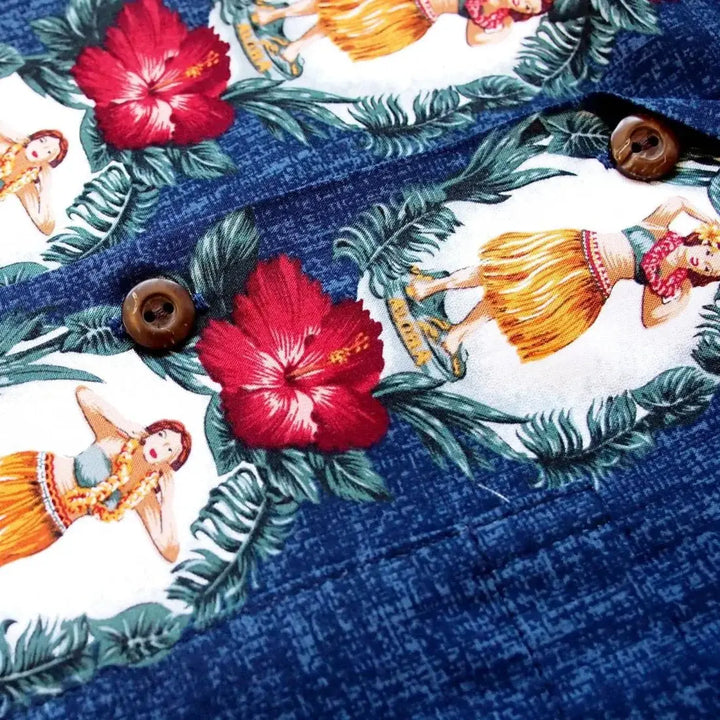 Vintage Hula Girl Blue Hawaiian Rayon Shirt Made in Hawaii