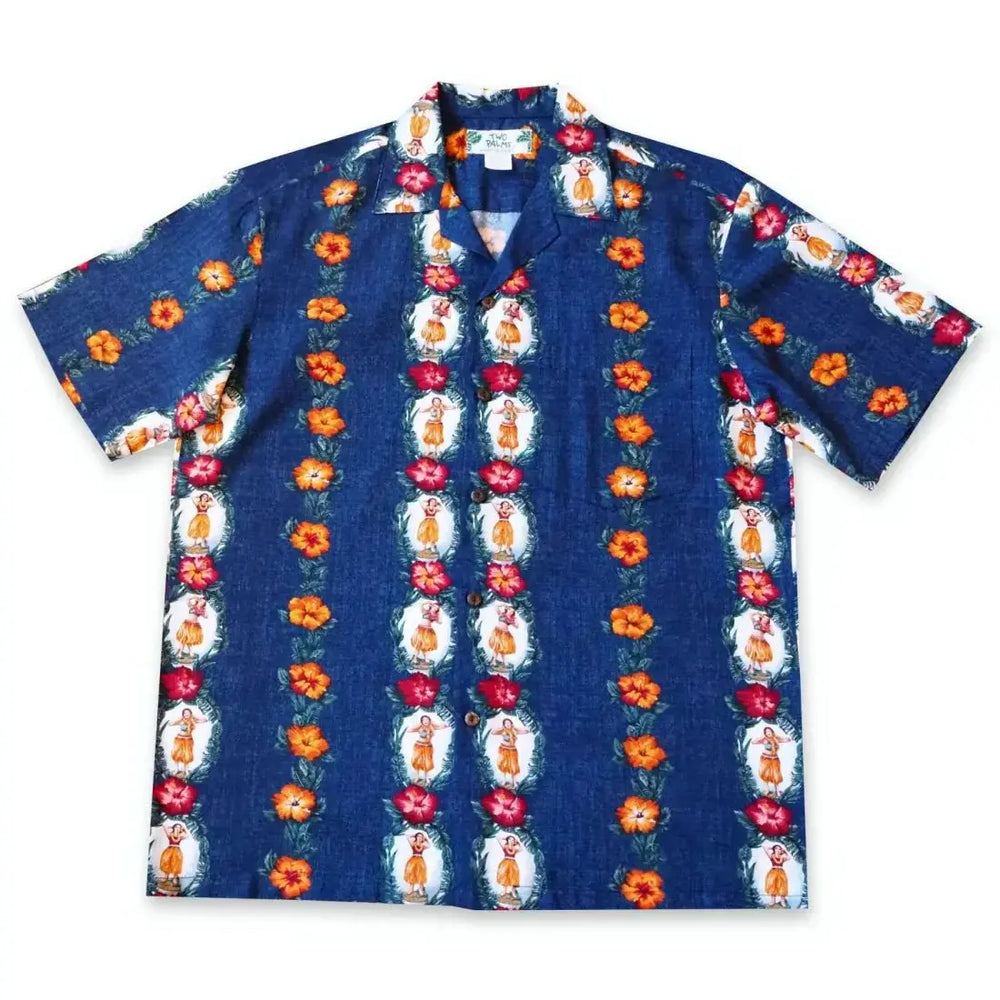Vintage Hula Girl Blue Hawaiian Rayon Shirt Made in Hawaii