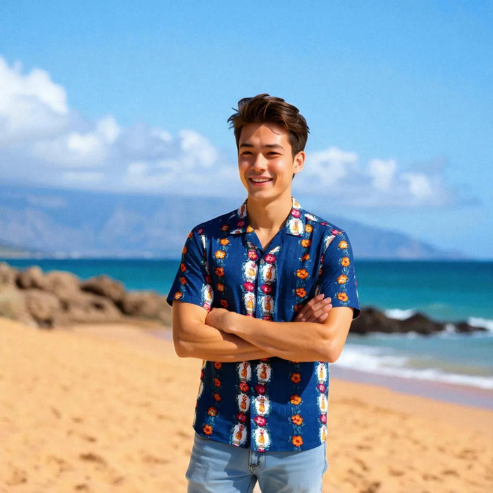 Vintage Hula Girl Blue Hawaiian Rayon Shirt - Made in Hawaii