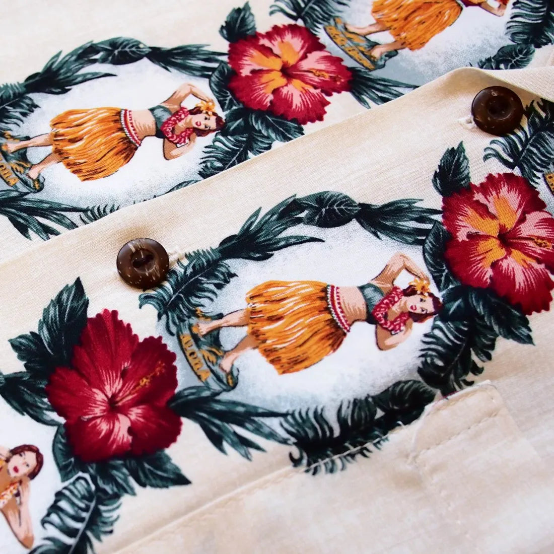 Vintage Hula Girl Cream Hawaiian Rayon Shirt - Made In Hawaii