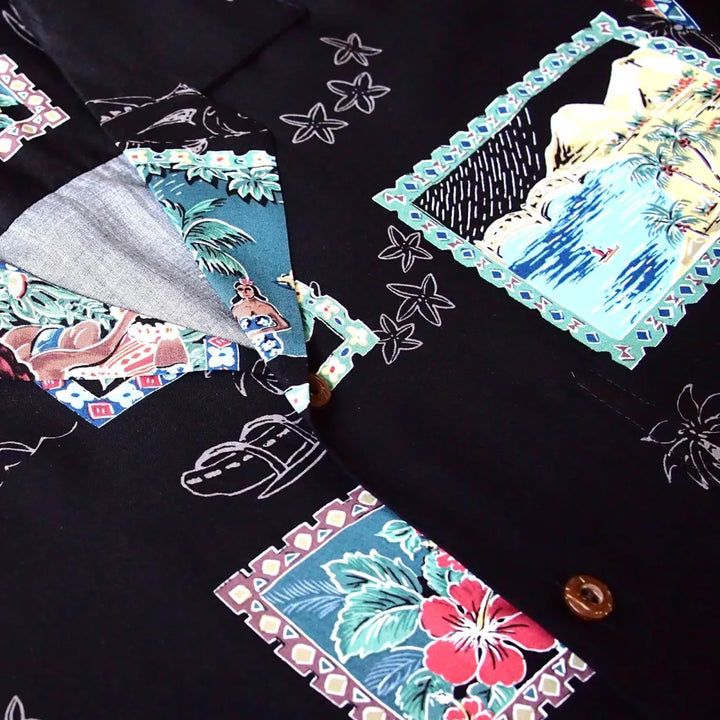 Vintage Portraits Black Hawaiian Rayon Shirt - Made in Hawaii