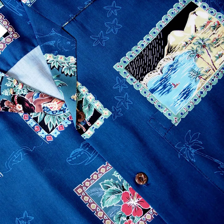Vintage Portraits Blue Hawaiian Rayon Shirt - Made in Hawaii