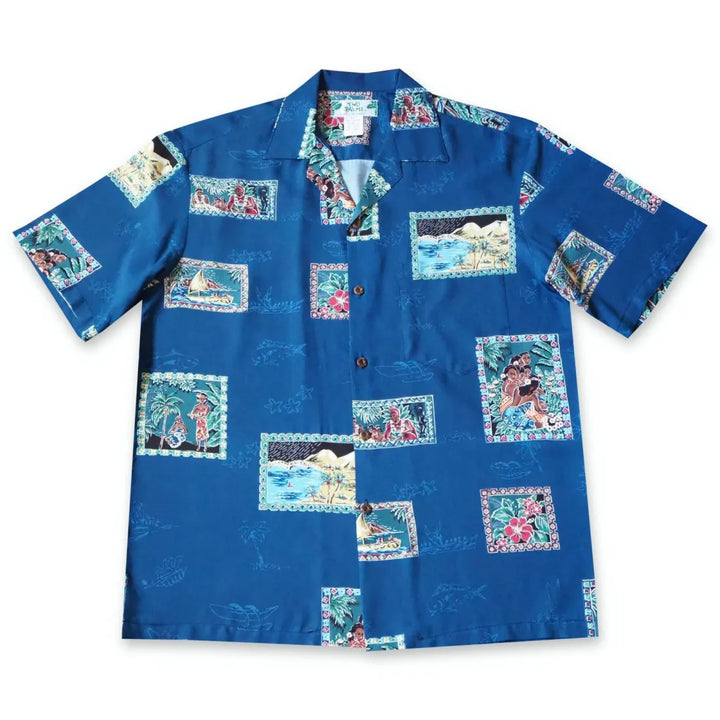 Vintage Portraits Blue Hawaiian Rayon Shirt - Made in Hawaii