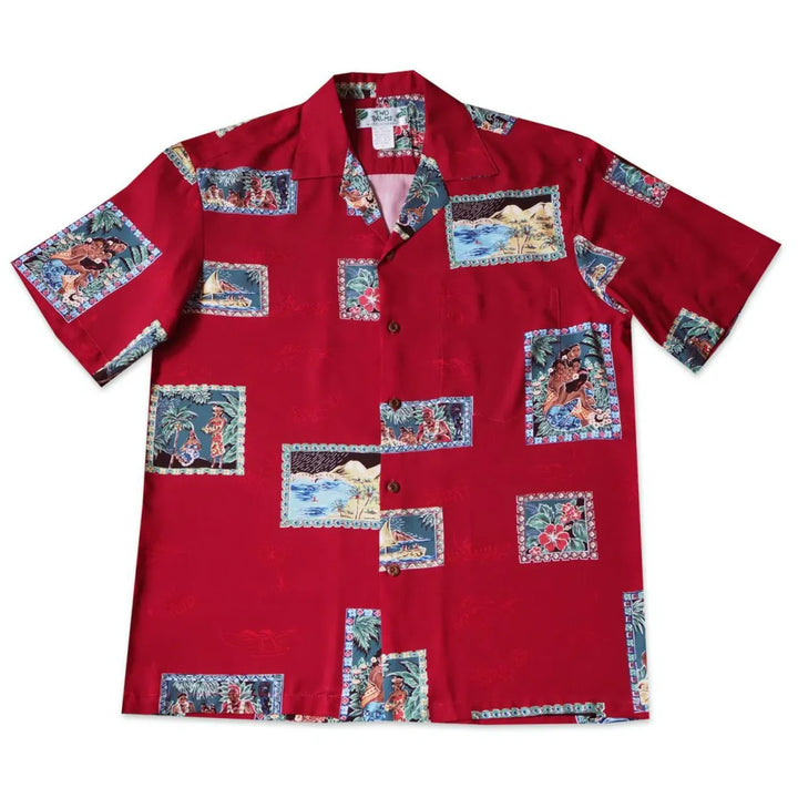 Vintage Portraits Red Hawaiian Rayon Shirt - Made in Hawaii