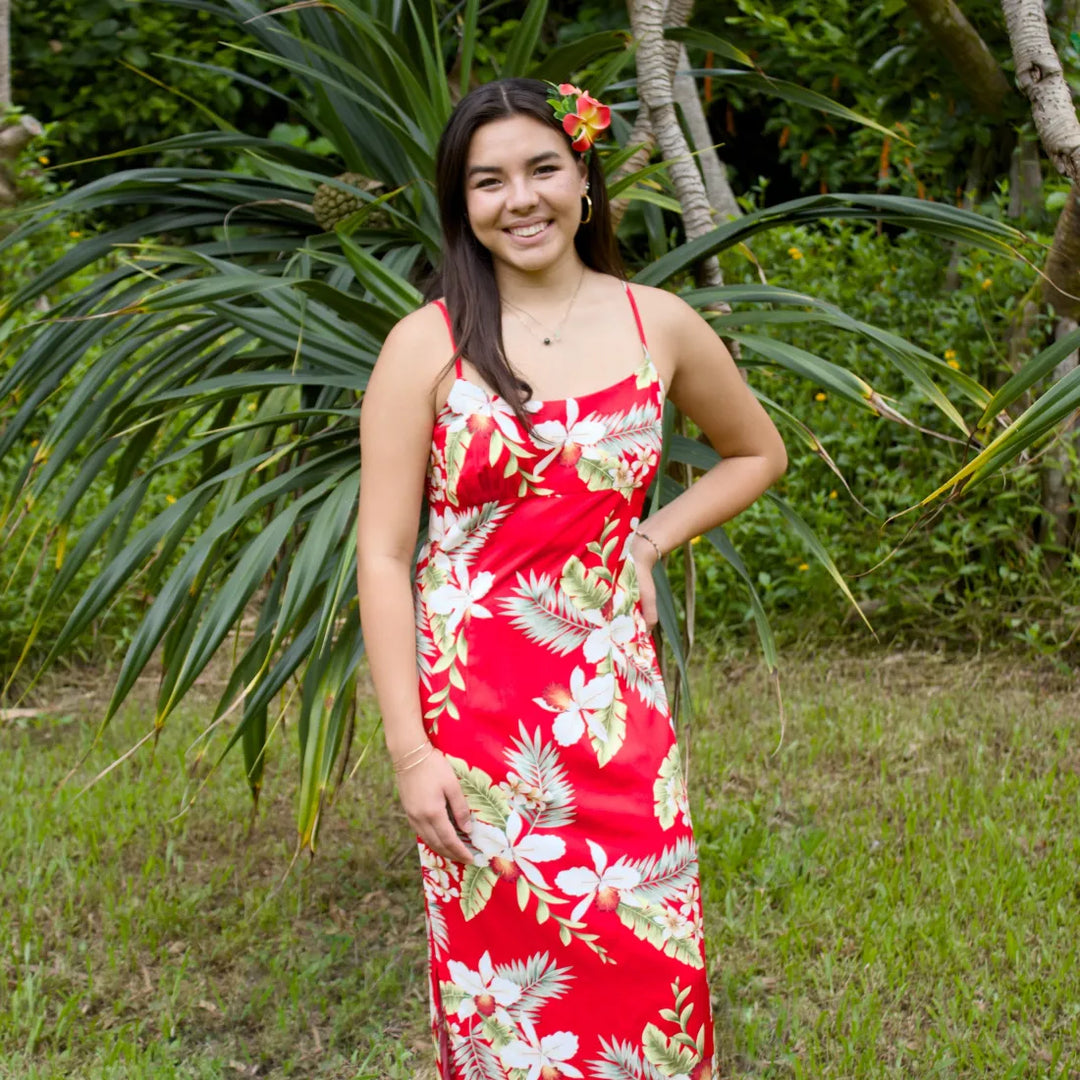 Volcanic Red Long Hawaiian Dress with Skinny Straps - Made in Hawaii