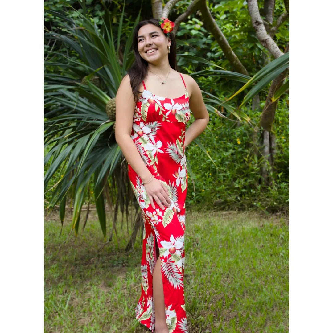 Volcanic Red Long Hawaiian Dress with Skinny Straps - Made in Hawaii