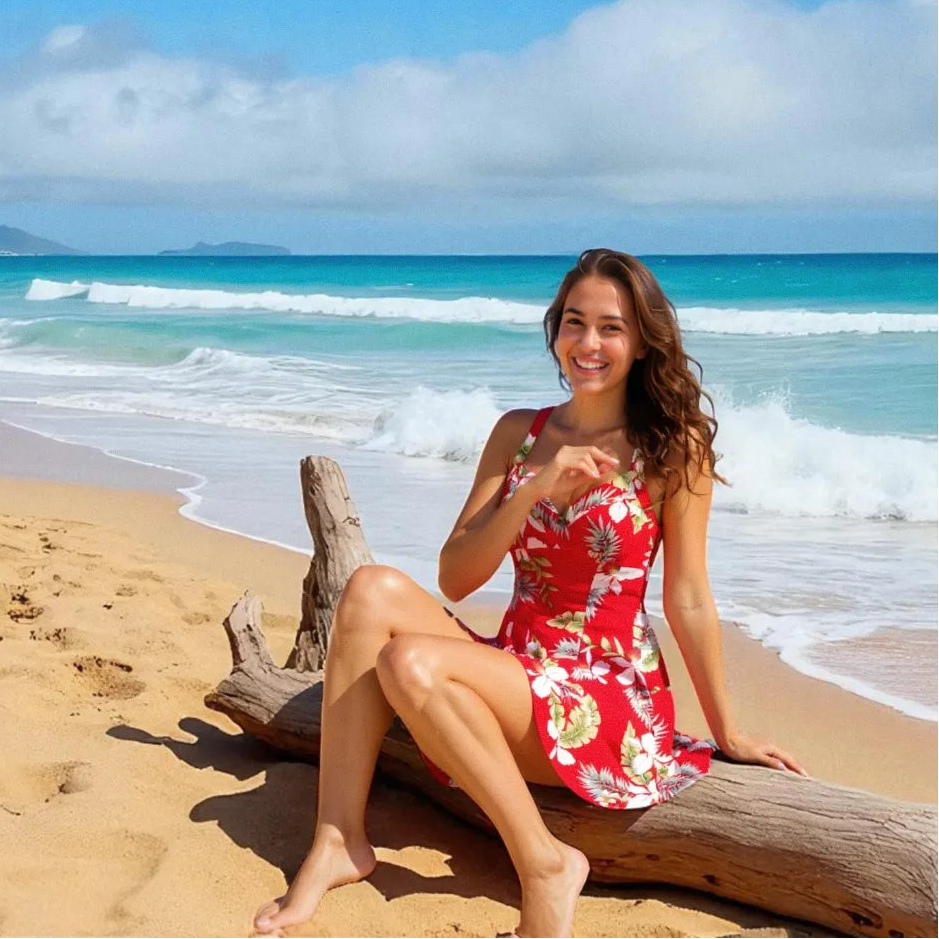 Volcanic Red Napali Hawaiian Halter Dress - Made in Hawaii