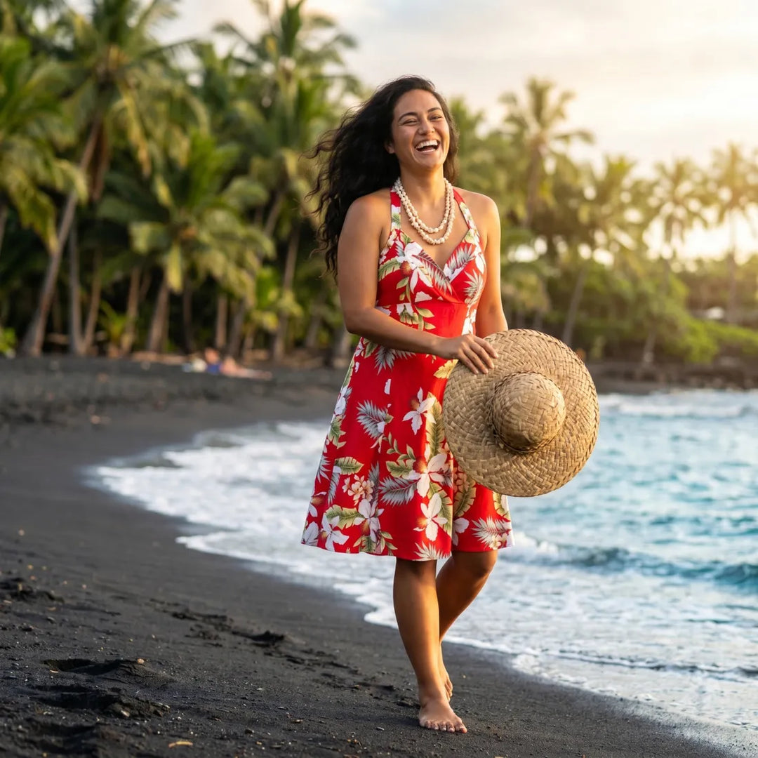 Volcanic Red Napali Hawaiian Halter Dress - Made in Hawaii