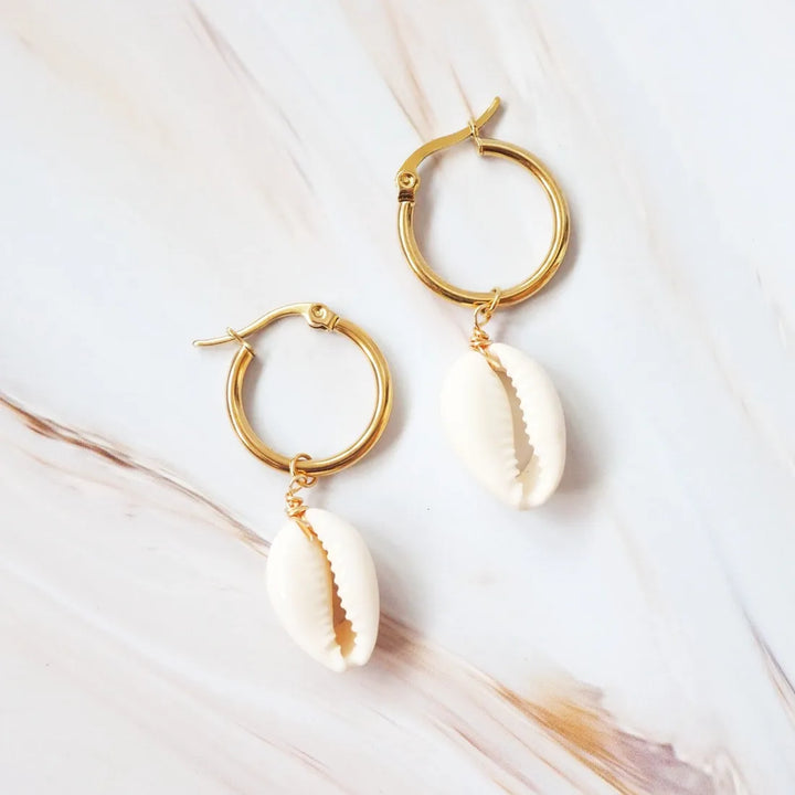 Waialea Cowry Seashell Hawaiian Hoop Earrings - Made in Hawaii