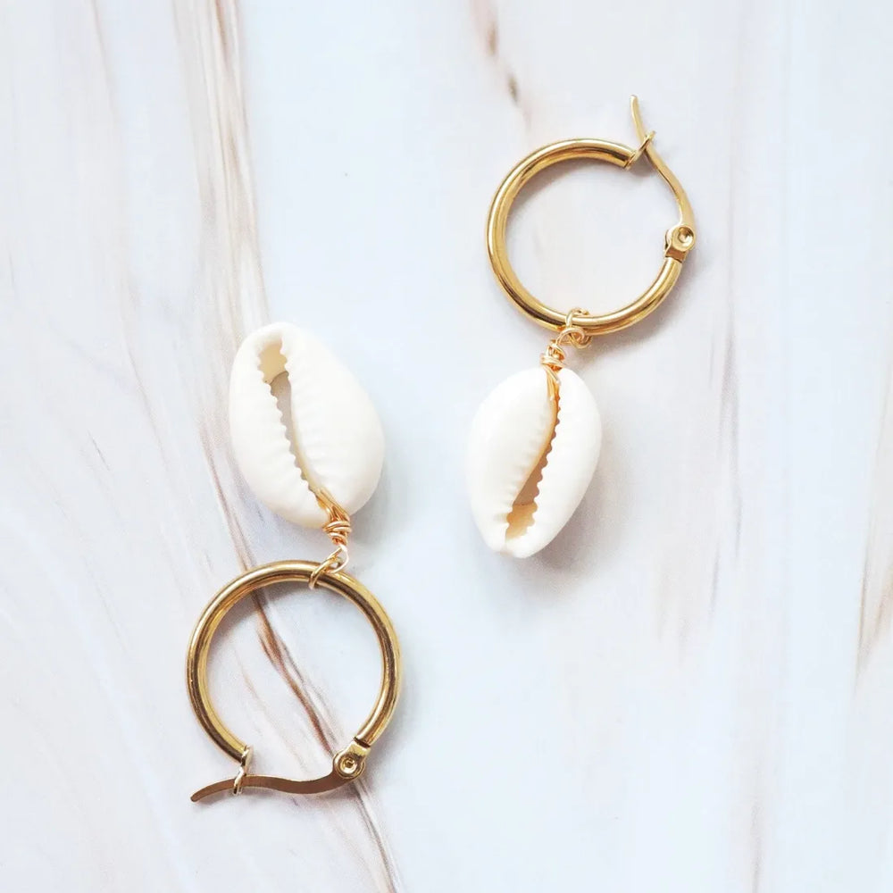 Waialea Cowry Seashell Hawaiian Hoop Earrings - Made in Hawaii