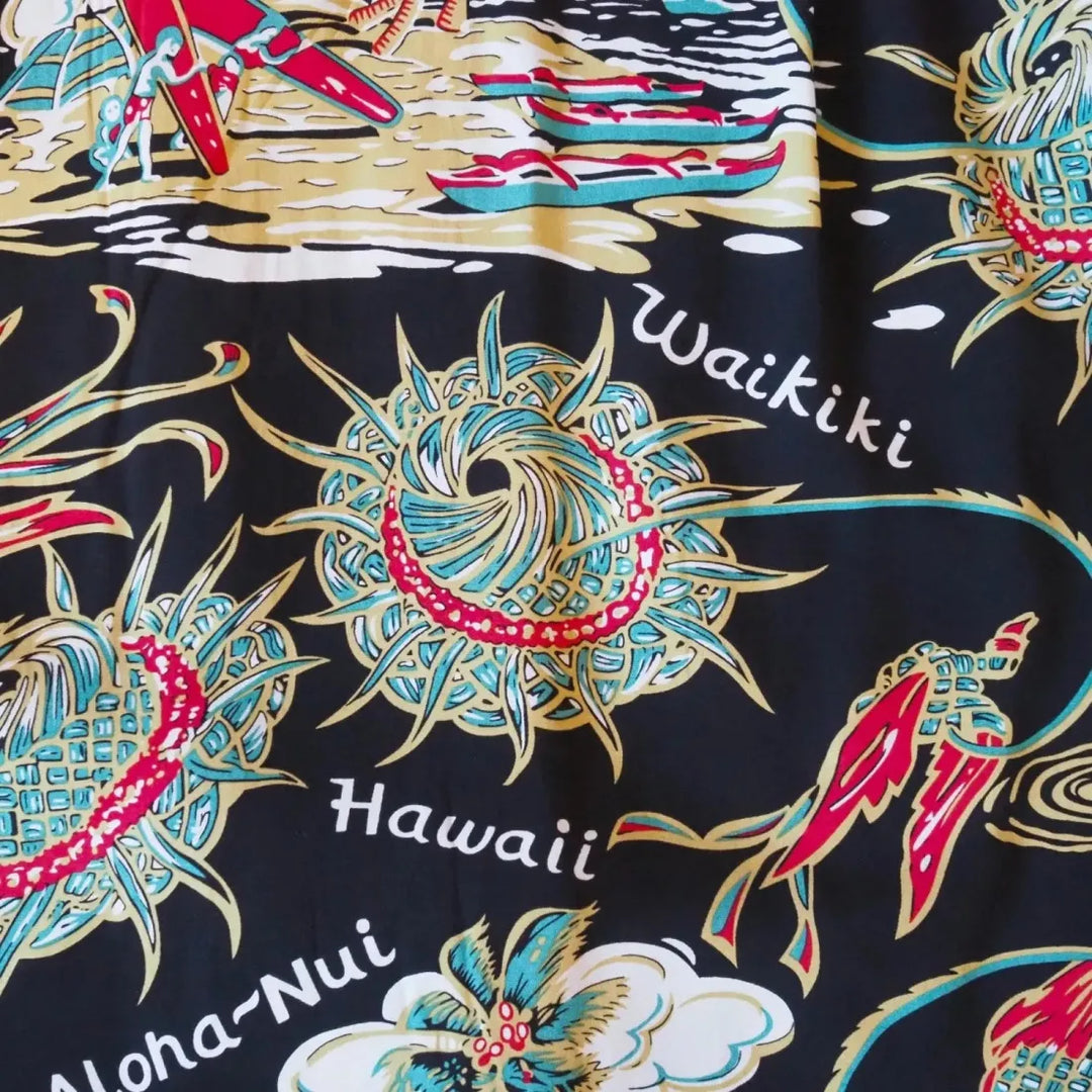 Waikiki Wanderer Black Hawaiian Rayon Shirt - Made in Hawaii