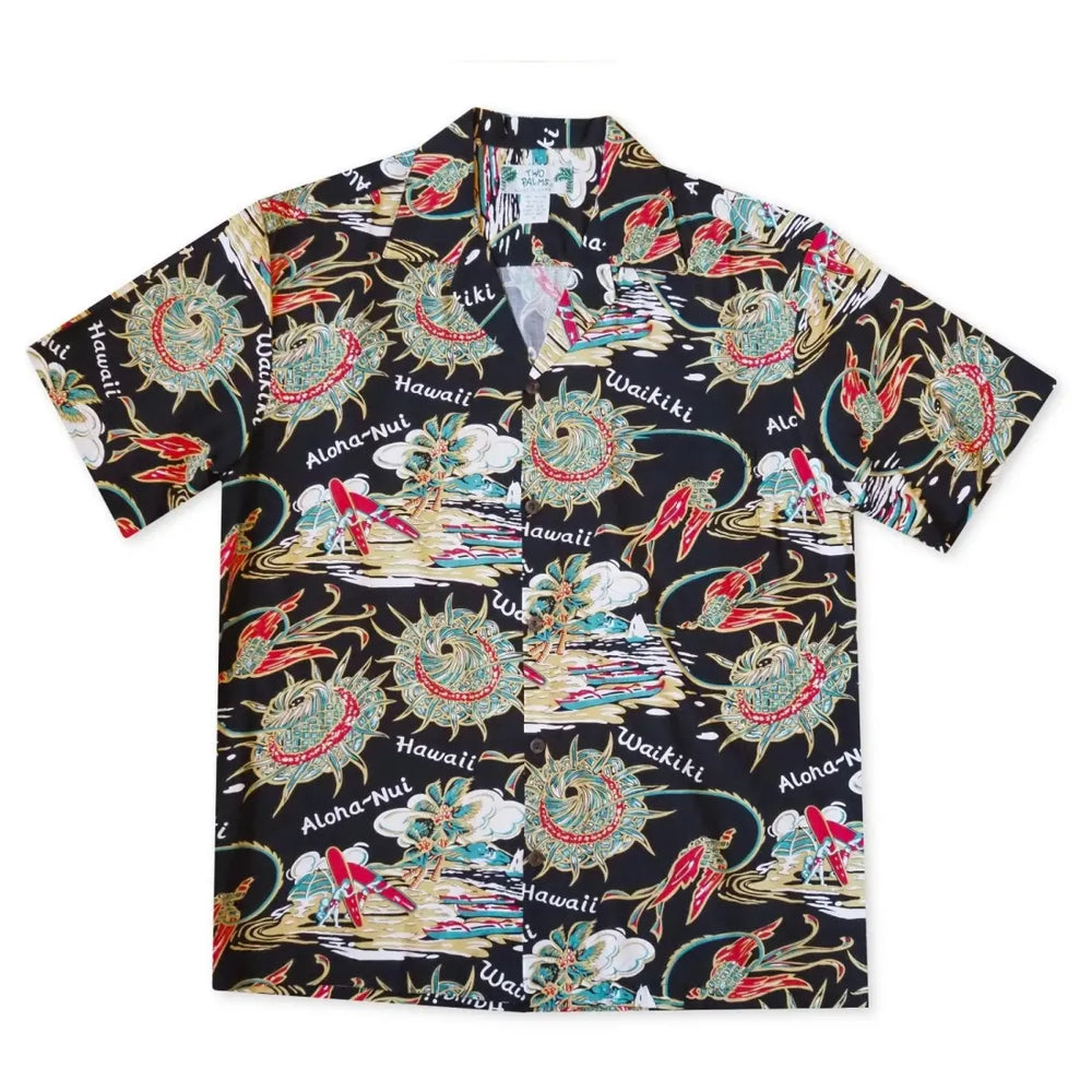 Waikiki Wanderer Black Hawaiian Rayon Shirt - Made in Hawaii