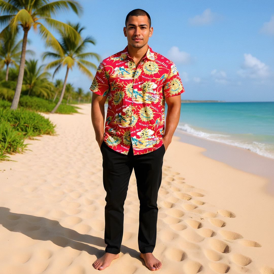 Waikiki Wanderer Red Hawaiian Rayon Shirt Made in Hawaii