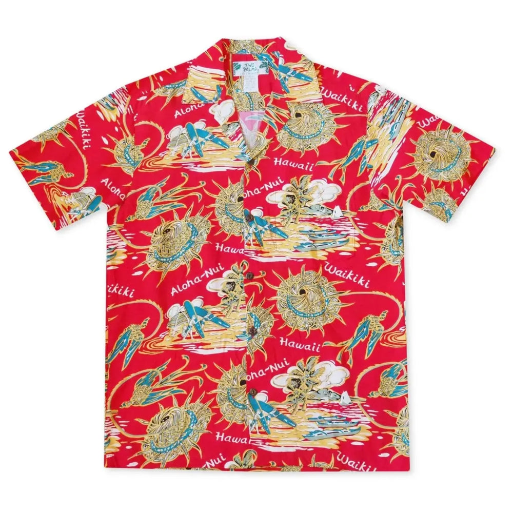 Waikiki Wanderer Red Hawaiian Rayon Shirt - Made in Hawaii