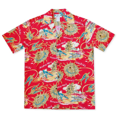 Waikiki Wanderer Red Hawaiian Rayon Shirt - Made In Hawaii