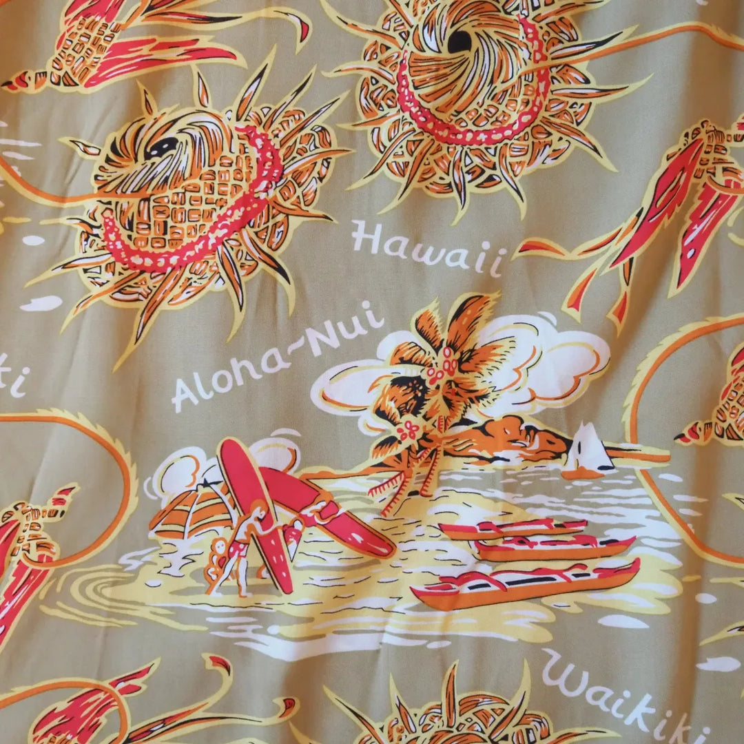 Waikiki Wanderer Tan Hawaiian Rayon Shirt - Made in Hawaii