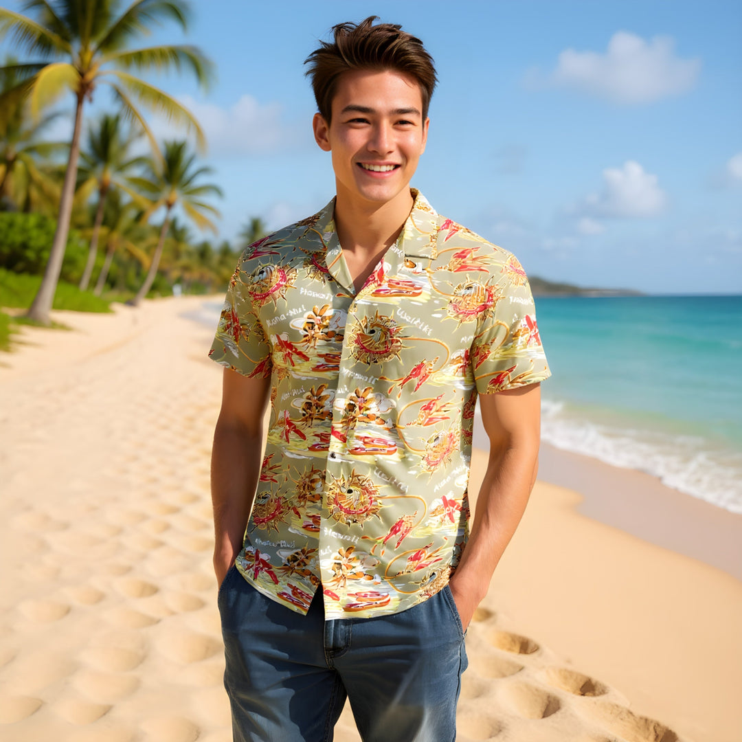 Waikiki Wanderer Tan Hawaiian Rayon Shirt Made in Hawaii