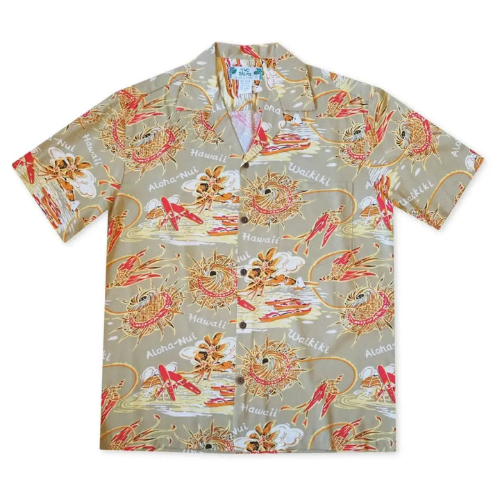 Waikiki Wanderer Tan Hawaiian Rayon Shirt - Made in Hawaii