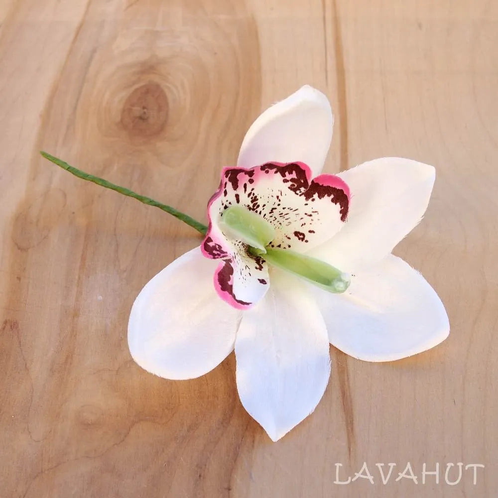 White Cattleya Orchid Flower Ear Stick - Made in Hawaii