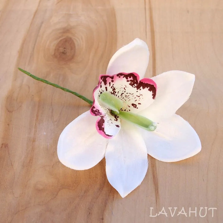 White Cattleya Orchid Flower Ear Stick - Made in Hawaii