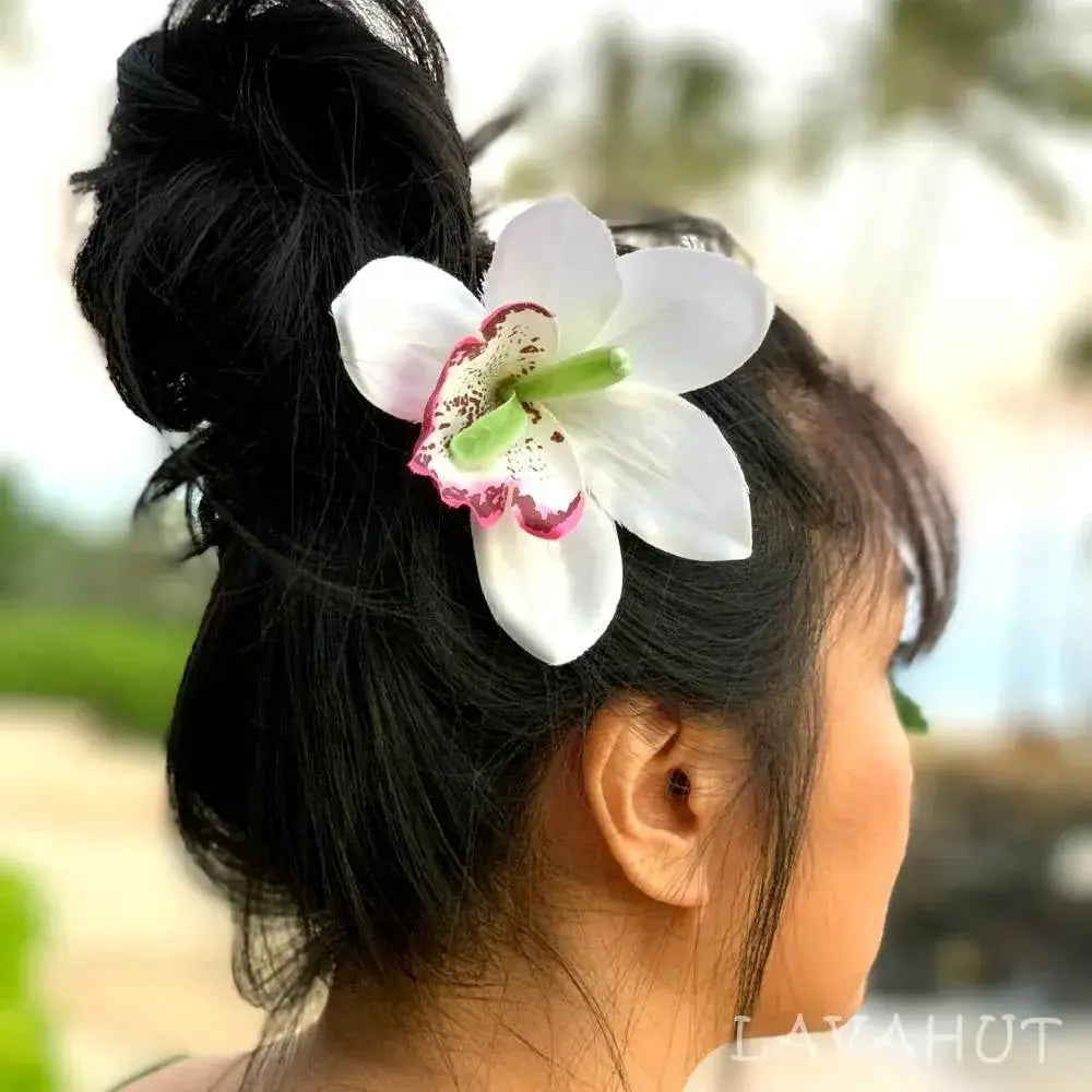 White Cattleya Orchid Flower Ear Stick - Made in Hawaii
