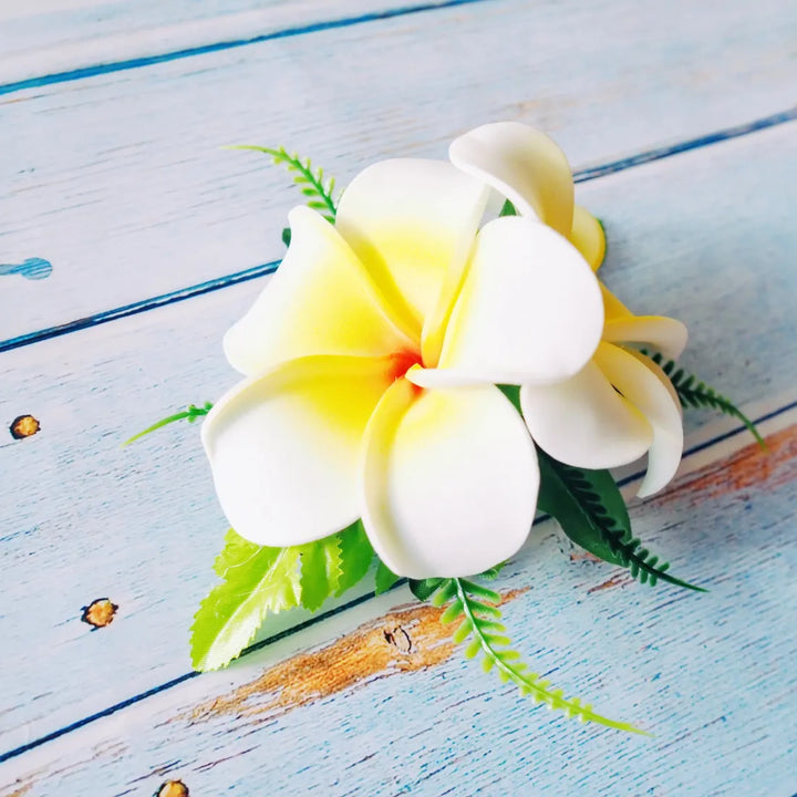 White Double Joy Plumeria Hawaiian Flower Hair Clip - Made in Hawaii