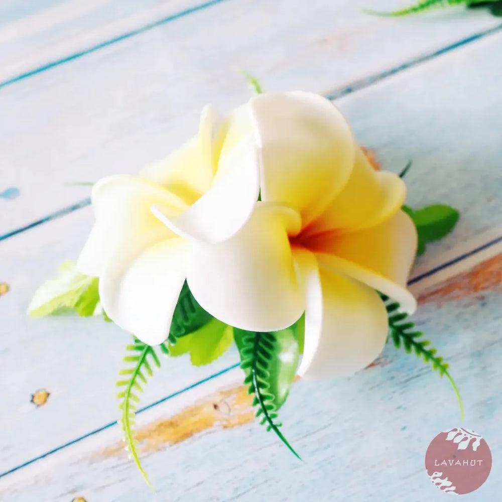 White Double Joy Plumeria Hawaiian Flower Hair Clip - Made in Hawaii