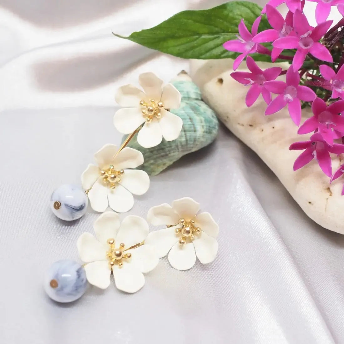 White Marble Garden Duet Earrings - Made In Hawaii
