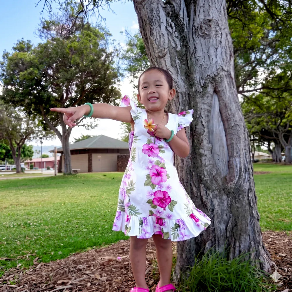 White Mist Hawaiian Girl Cotton Dress with Floral Print 10 / White