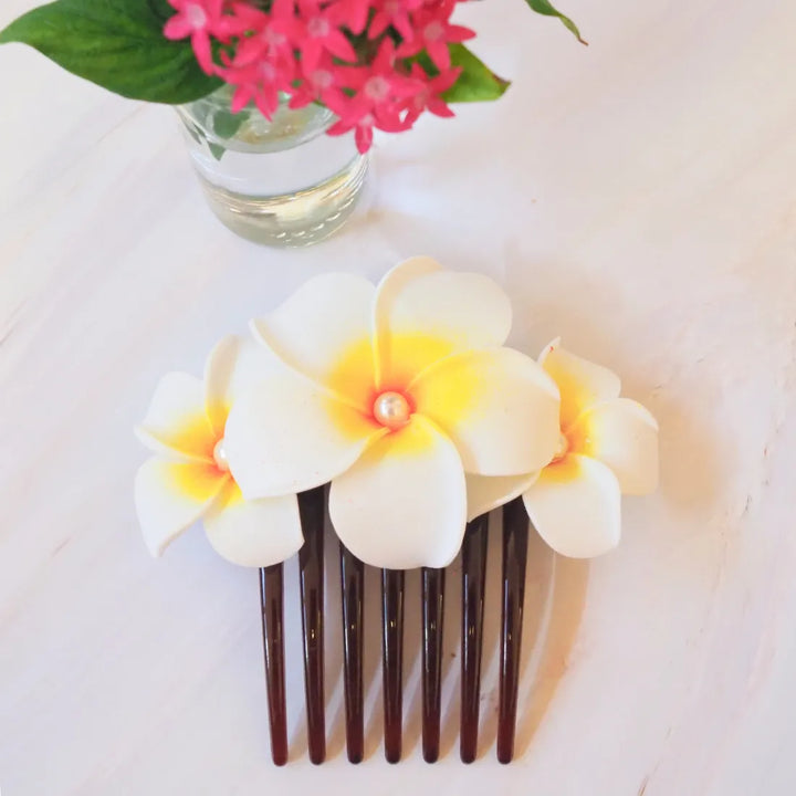 White Pearls & Plumeria Hair Comb - Made in Hawaii