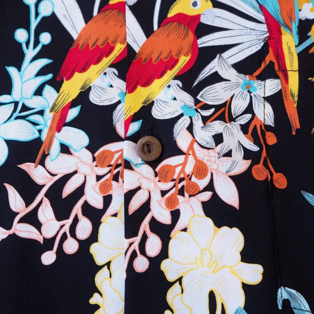 Wild Parrots Black Hawaiian Rayon Shirt - Made in Hawaii