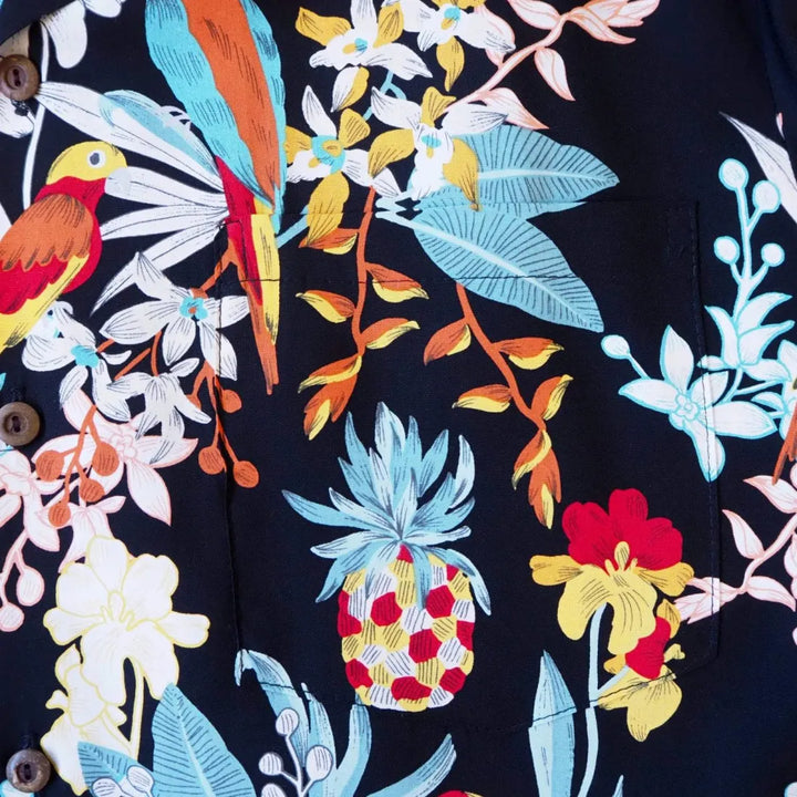 Wild Parrots Black Hawaiian Rayon Shirt - Made in Hawaii