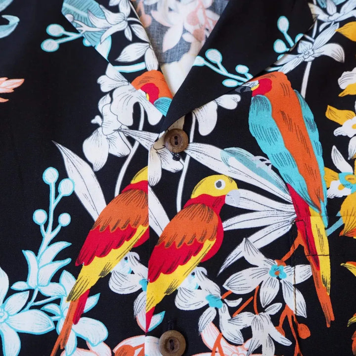 Wild Parrots Black Hawaiian Rayon Shirt - Made in Hawaii