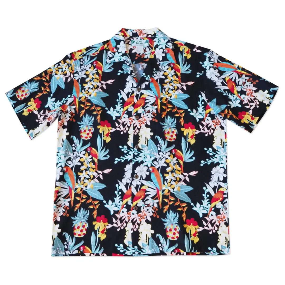 Wild Parrots Black Hawaiian Rayon Shirt - Made in Hawaii