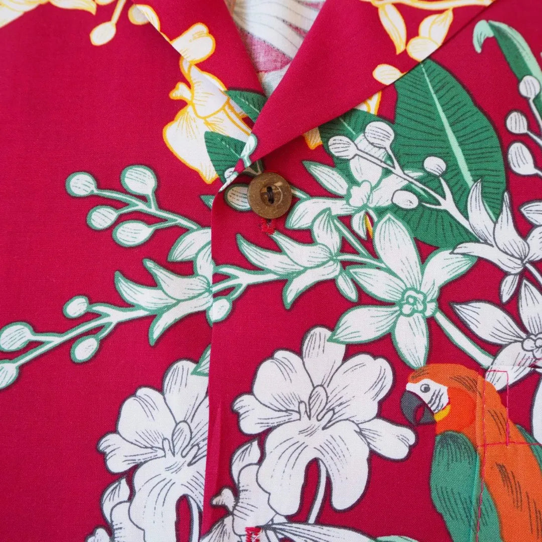 Wild Parrots Red Hawaiian Rayon Shirt - Made in Hawaii