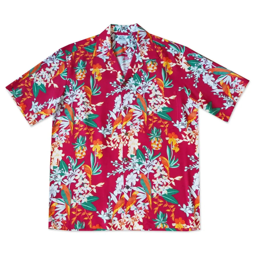 Wild Parrots Red Hawaiian Rayon Shirt - Made in Hawaii