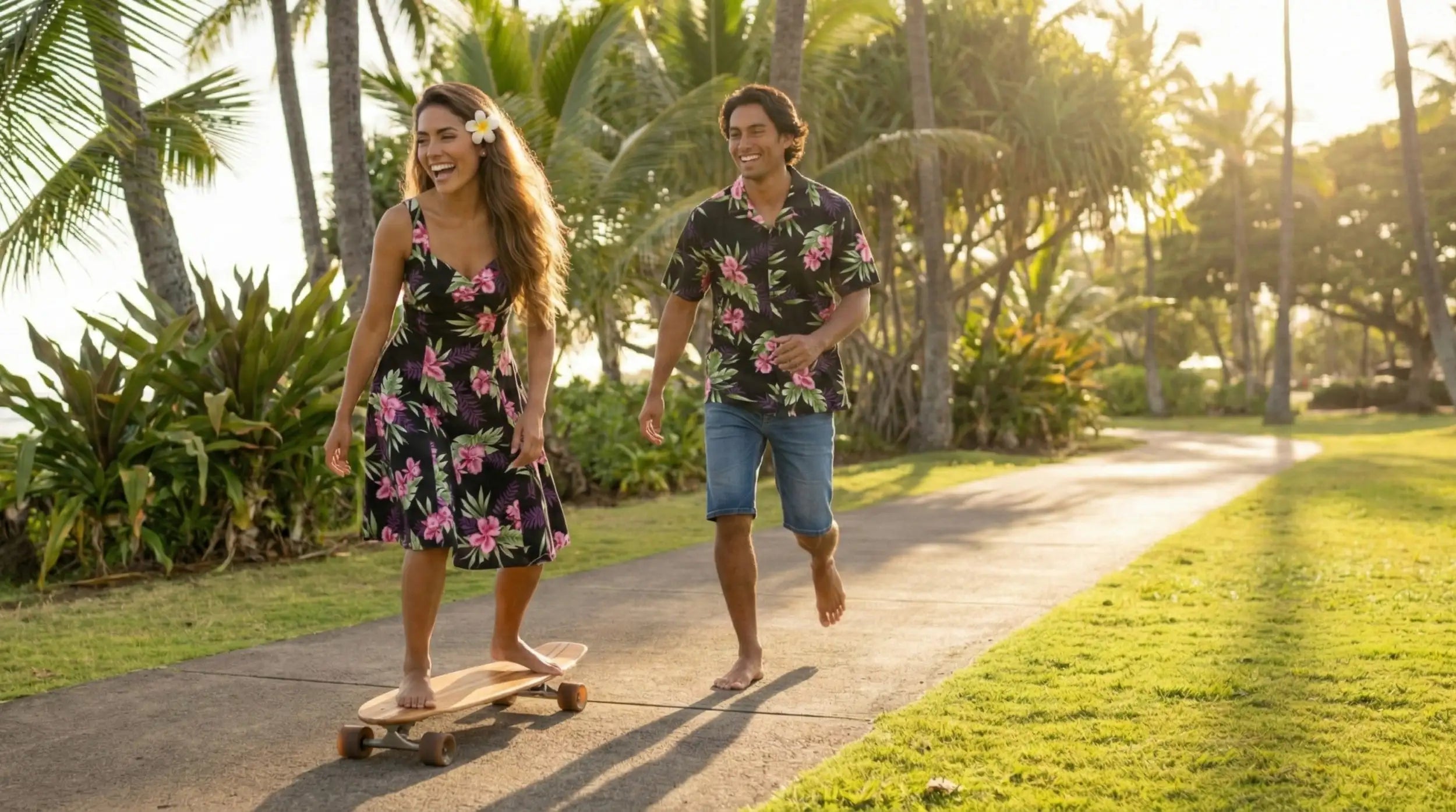 A woman in a black floral dress with pink and green blossoms rides a wooden longboard down a sunlit path.