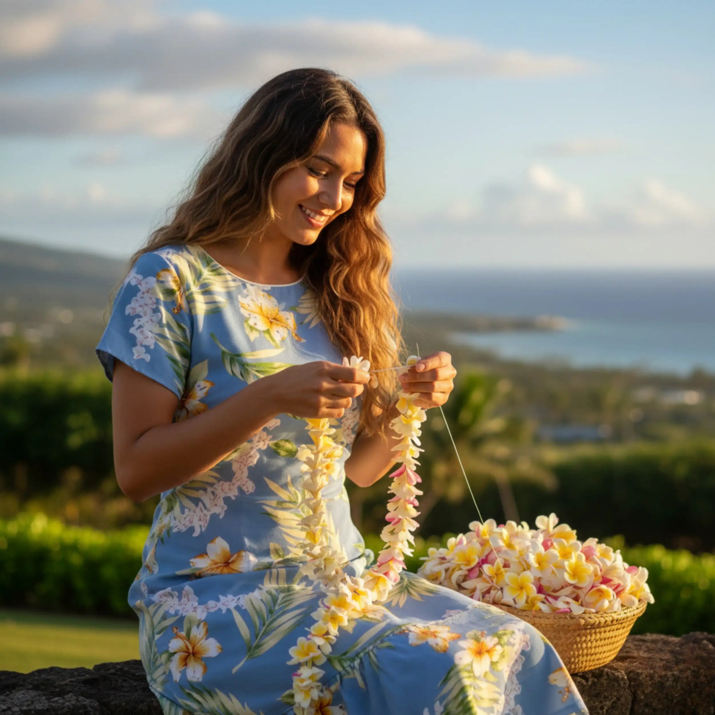 A woman in a light blue dress with tropical floral patterns sits outdoors, smiling as she weaves a lei made of yellow and pink plumeria flowers.