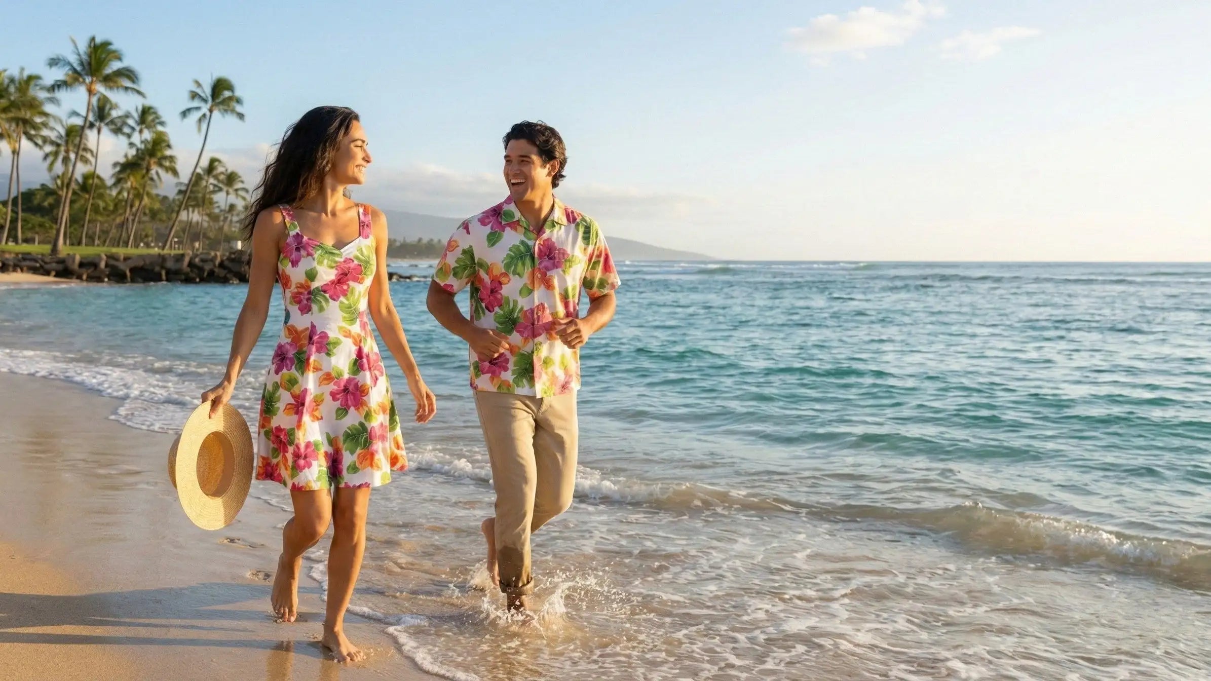A woman in a vibrant floral print sundress with thin straps and a flared skirt, walking barefoot along the beach.