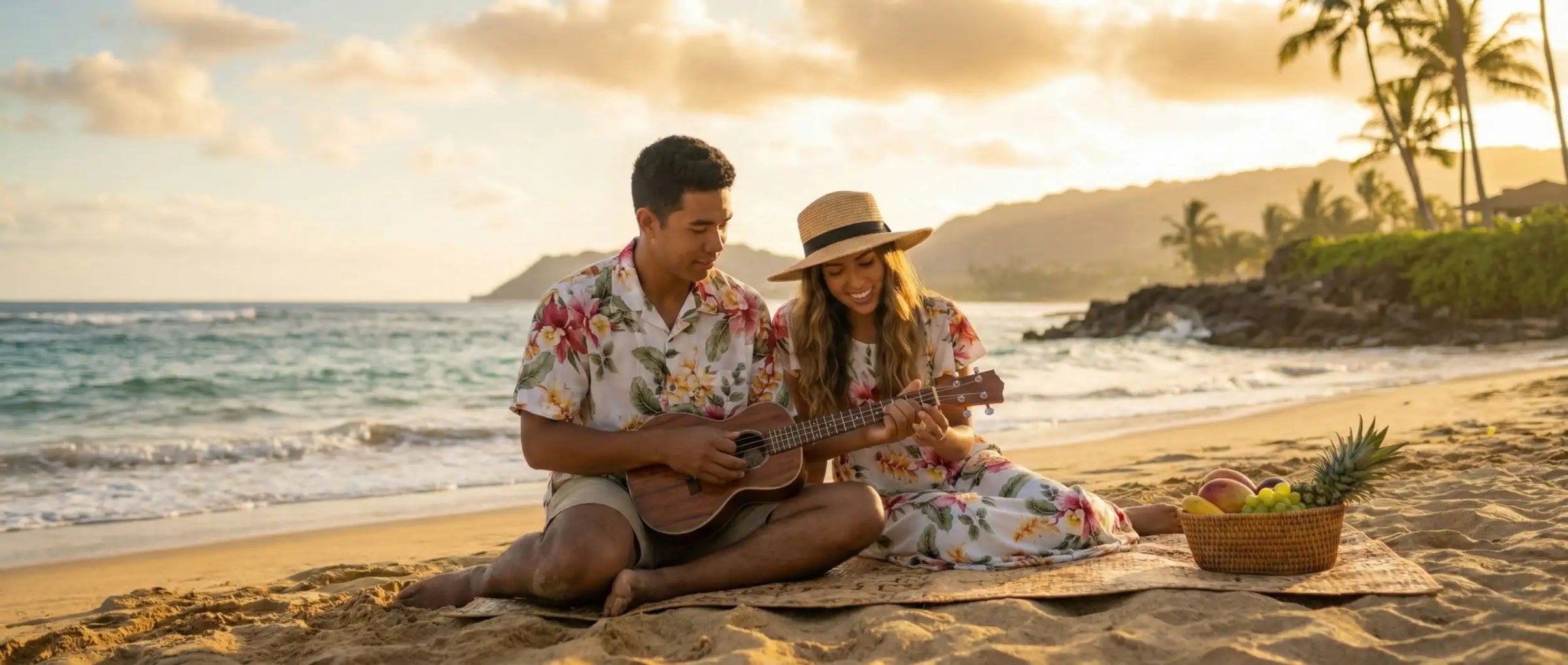 A wooden ukulele with a natural finish and light brown body, featuring a glossy surface that reflects the golden sunset.