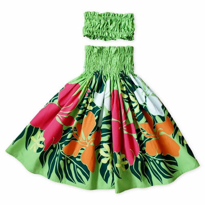 Cutie Green Girl’s Pau Hawaiian Hula Skirt Set - Girl’s Pau Hula Skirt